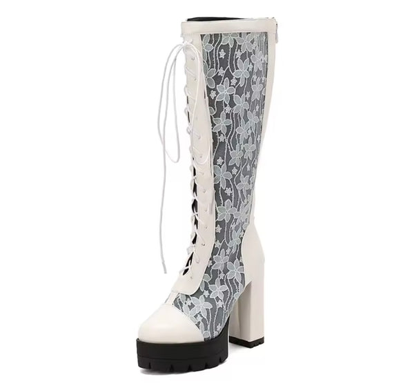 Women Fashion Color Floral Mesh Lace Up Platform Knee High Boots