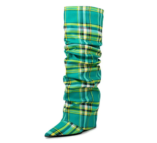 Women Fashion Color Plaid Wedge Platform Ruched Knee High Boots