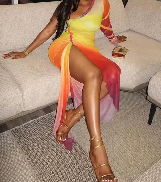 Women Sexy One Shoulder Gradient Side Split Dress