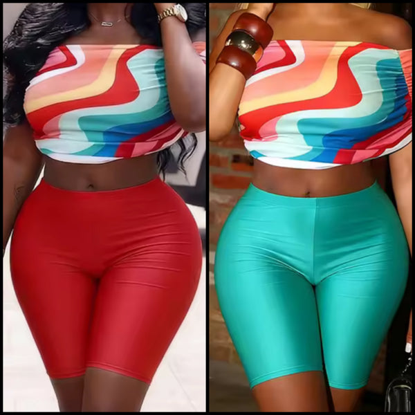 Women Off The Shoulder Colorful Crop Two Piece Short Set