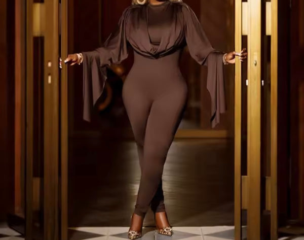 Women Fashion Draped Full Batwing Sleeve Jumpsuit