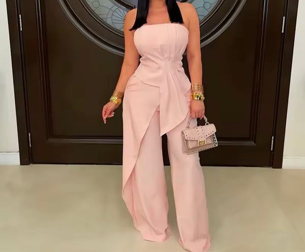 Women Strapless Ruched Asymmetrical Two Piece Pant Set