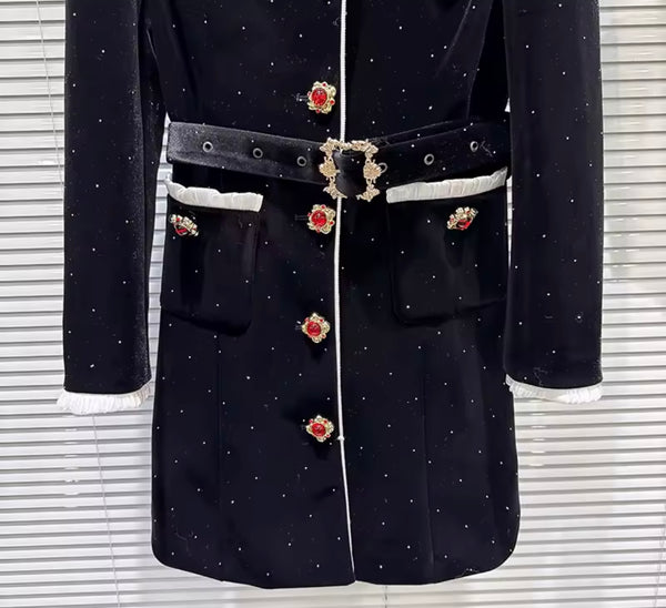 Women Fashion Rhinestone Crystal Button Up Velvet Jacket