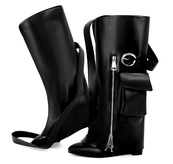 Women Black Zipper Detachable Buckled Pocket Knee High Boots
