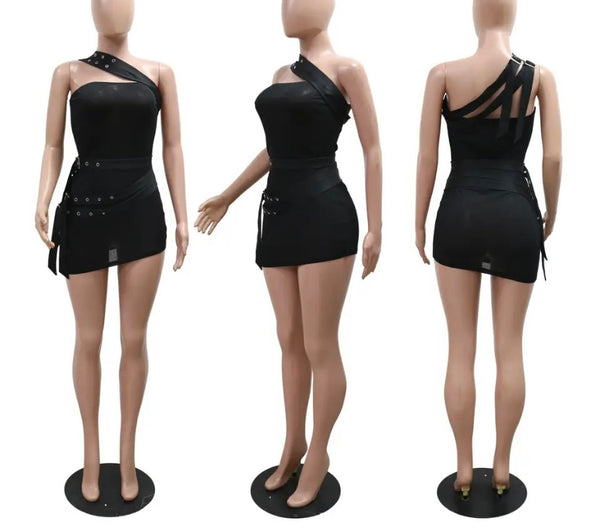 Women Sexy Buckled One Shoulder Sleeveless See Through Dress
