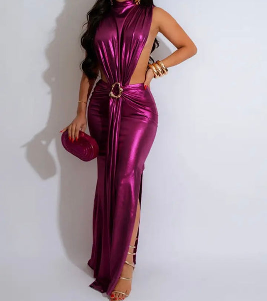 Women Sexy Metallic Sleeveless Maxi Dress