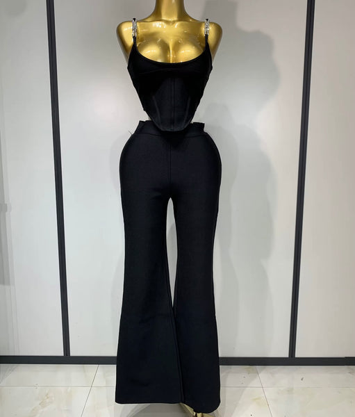 Women Rhinestone Sleeveless Black Sexy Two Piece Pant Set