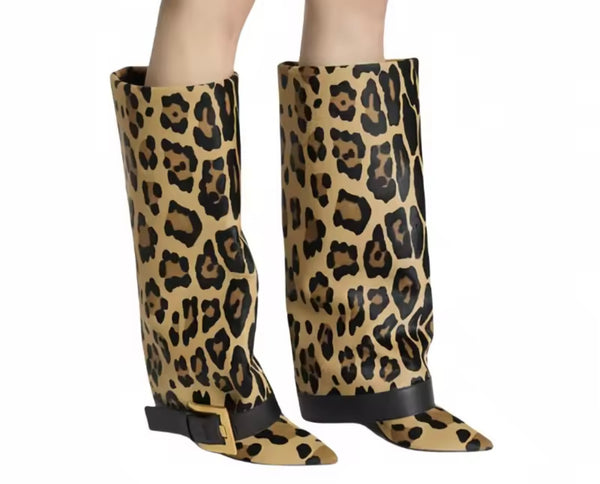 Women Fashion Gold Buckled Pointed Toe Knee High Boots