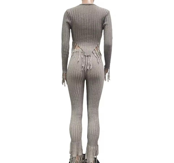 Women Gray Ribbed Fringe Full Sleeve Fashion Two Piece Pant Set