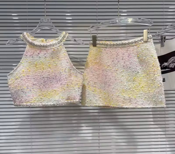 Women Color Bling Sleeveless Tweed Two Piece Skirt Set