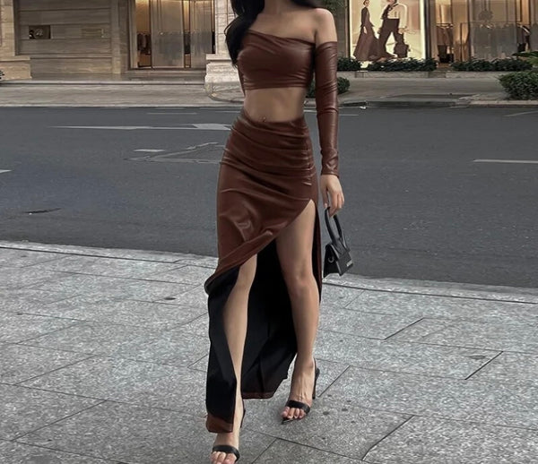 Women Brown Faux Leather One Shoulder Full Sleeve Two Piece Maxi Skirt Set