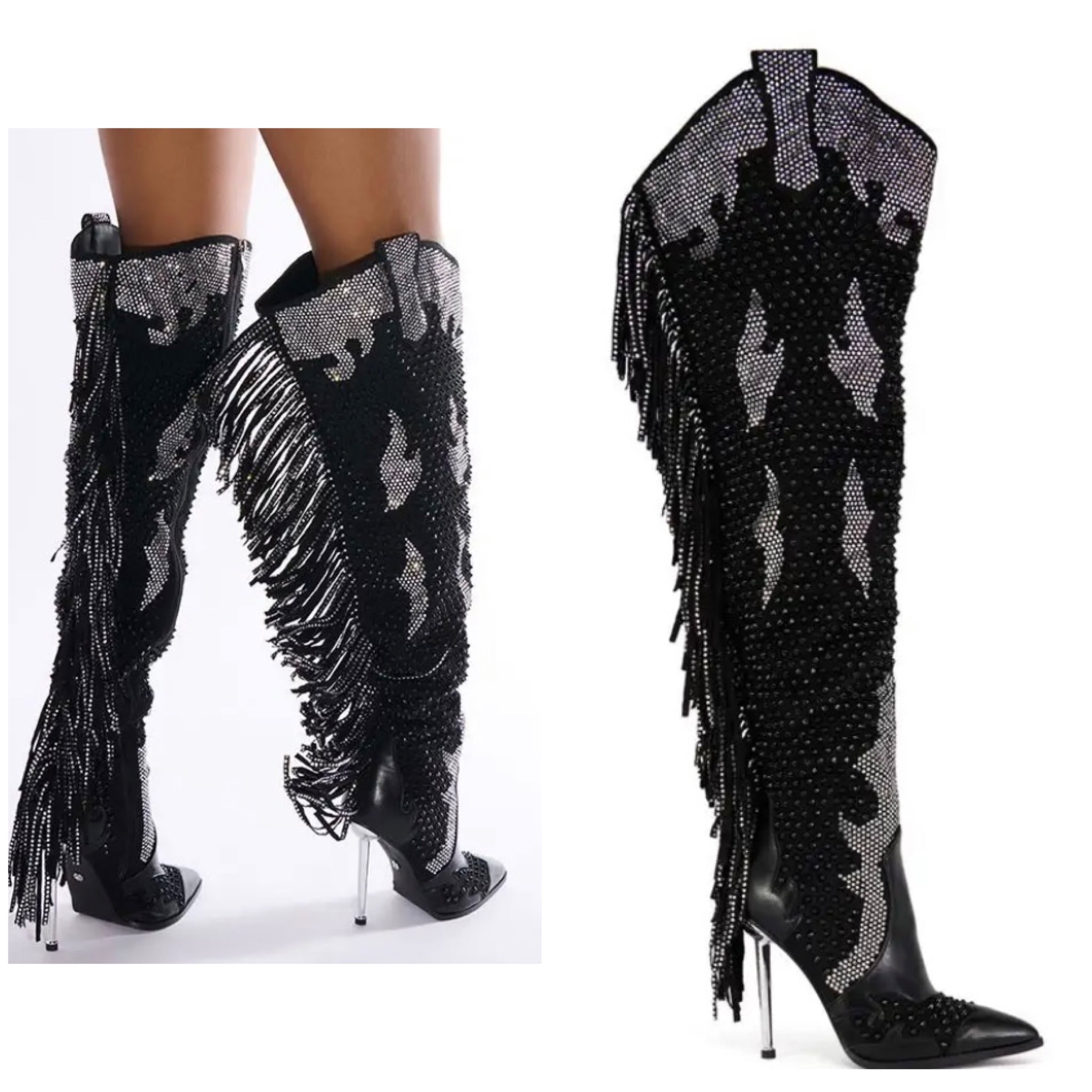 Women Fashion Bling Tassel Knee High Western High Heel Boots