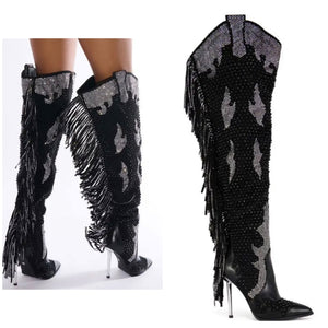 Women Fashion Bling Tassel Knee High Western High Heel Boots