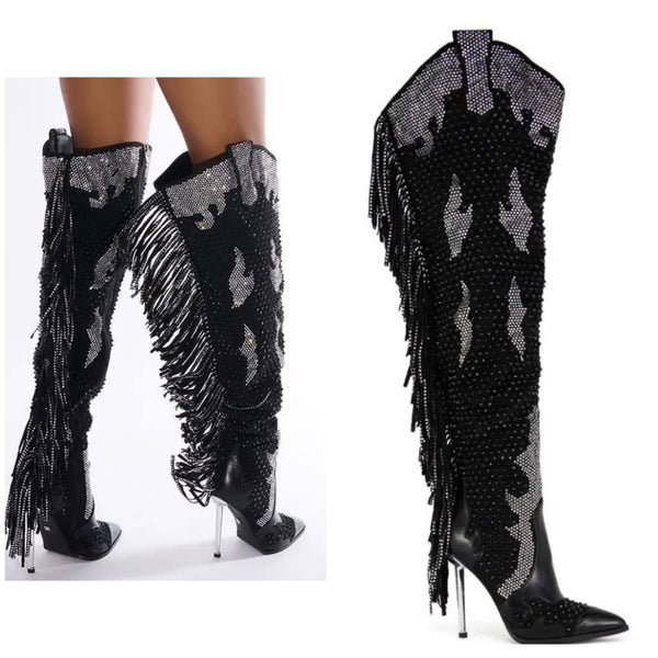 Women Fashion Bling Tassel Knee High Western High Heel Boots
