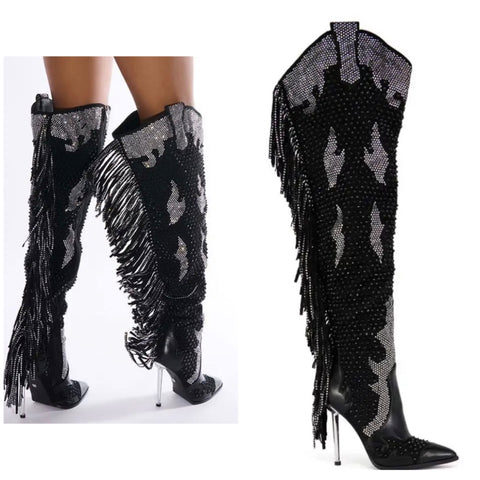 Women Fashion Bling Tassel Knee High Western High Heel Boots