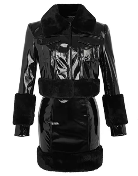 Women Fashion Black Fur PU Jacket Two Piece Skirt Set