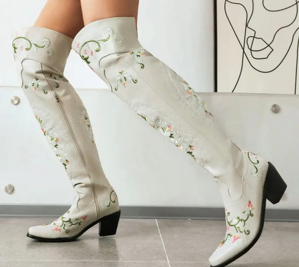 Women Fashion Floral Faux Leather Over The Knee Western Boots