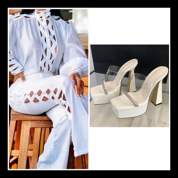 Women White Sexy Cut Out Full Sleeve Two Piece Pant Set