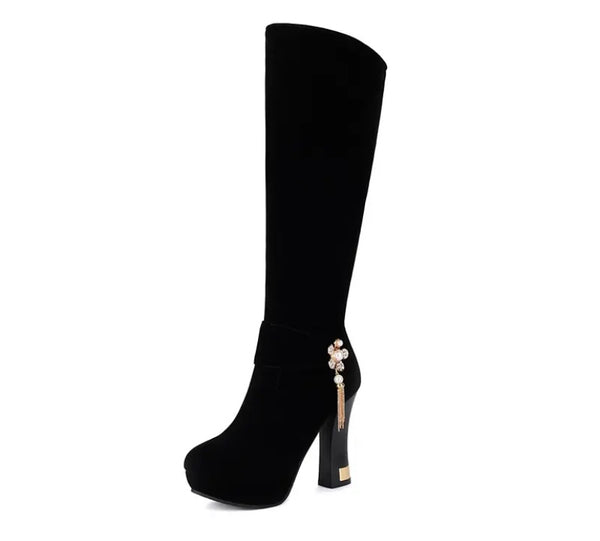 Women Fashion Color Suede Bling Tassel Knee High Boots