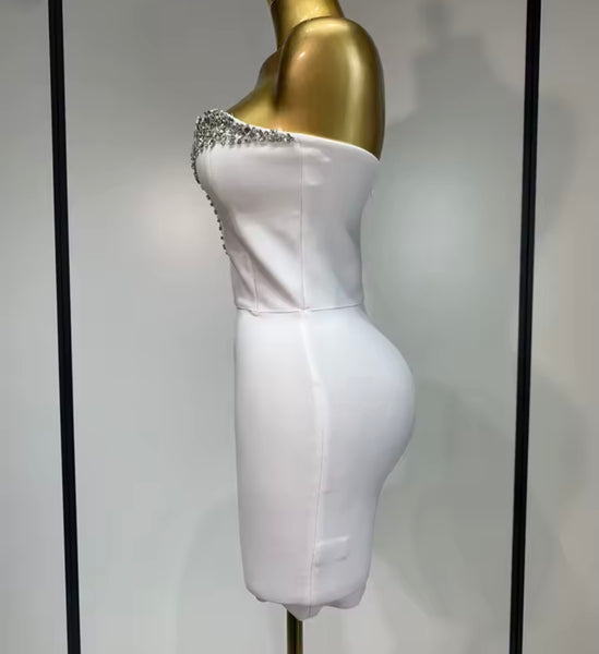 Women White Rhinestone Strapless Sexy Bandage Dress