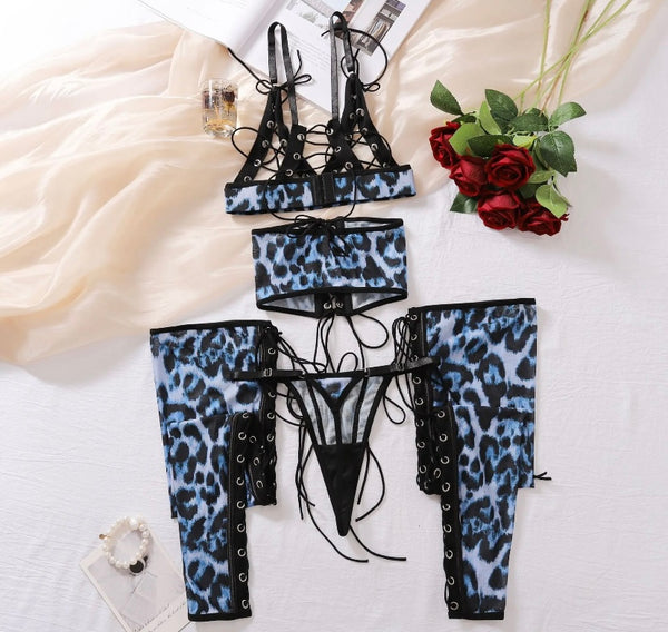 Women Sexy Blue Animal Print Lace Up Lingerie Set