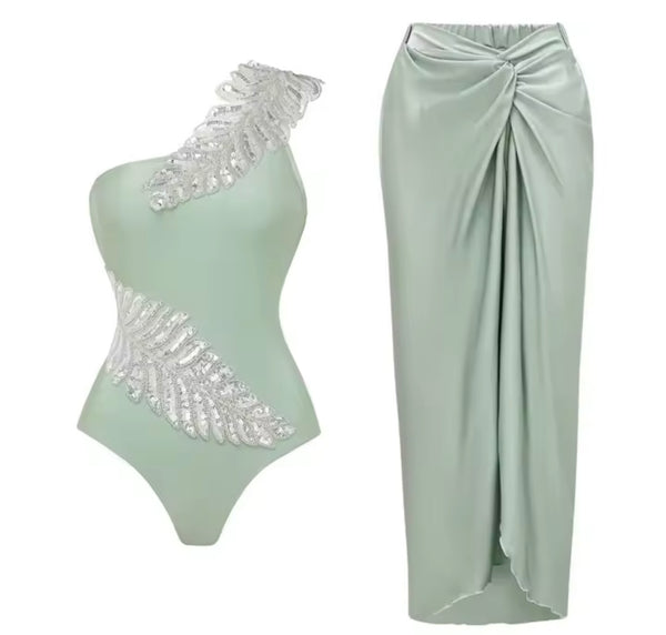 Women Sexy Sequins One Shoulder Swimsuit Cover Up Set