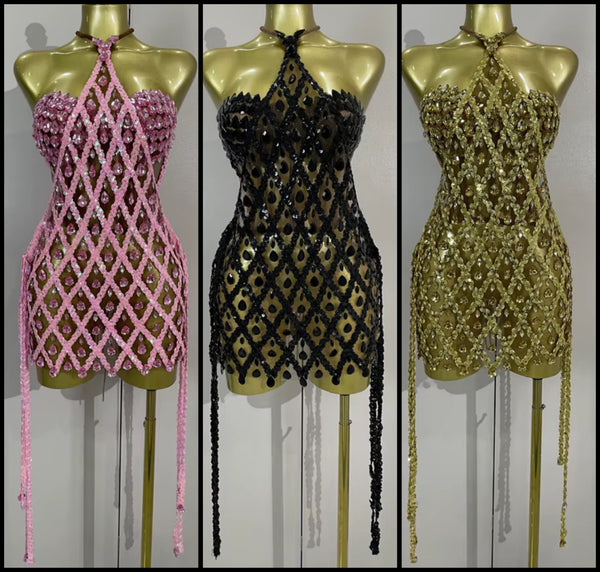 Women Halter Corset Sequins Crystal Tassel Two Piece Dress Set