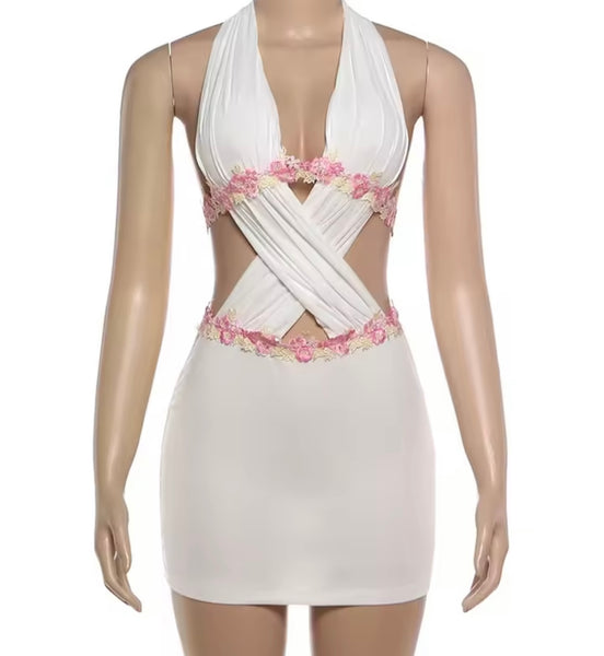 Women Sexy White Halter Open Back Sleeveless Floral Dress