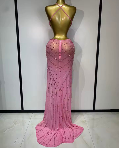 Women Pink Halter Sleeveless Color Rhinestone Mesh Maxi Dress