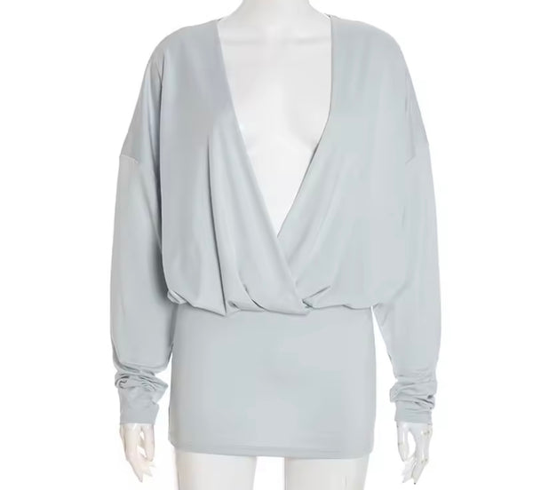 Women Sexy Draped V-Neck Full Sleeve Dress