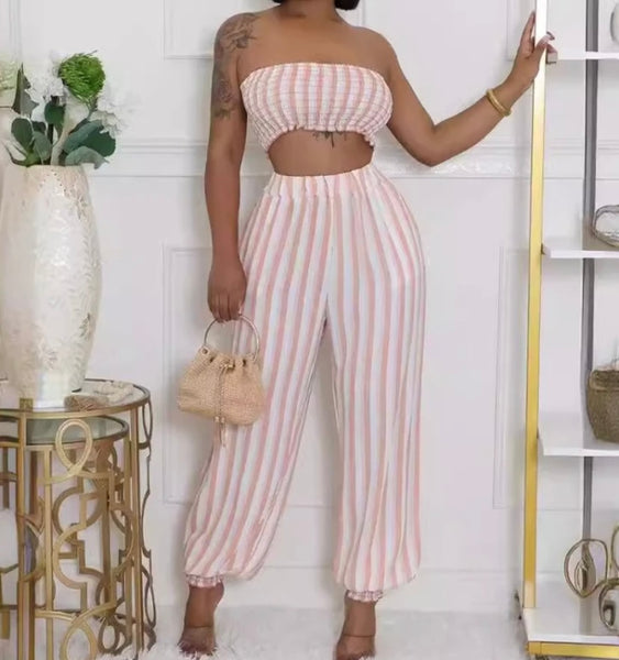 Women Sexy Strapless Striped Crop Two Piece Pant Set