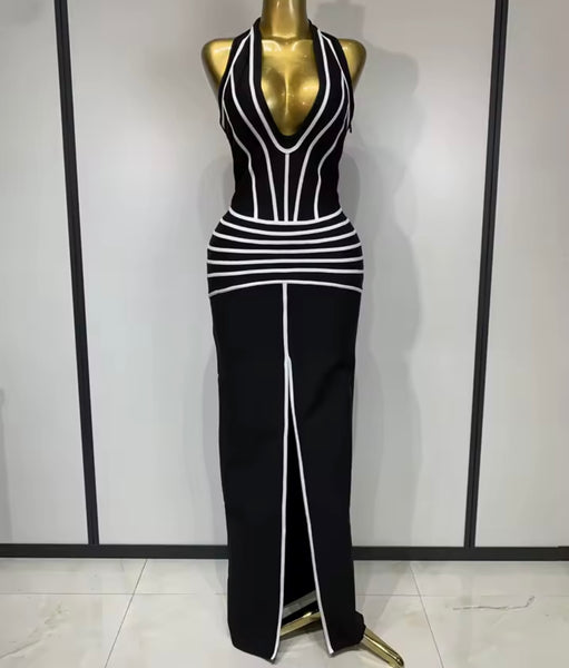 Women Sexy B&W Striped Halter Sleeveless Front Split Maxi Dress