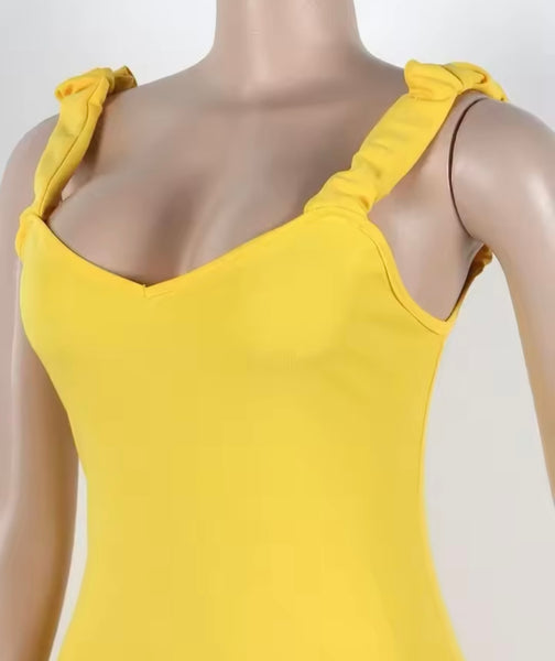 Women Sexy Sleeveless Ruffled Yellow Tie Open Back Dress