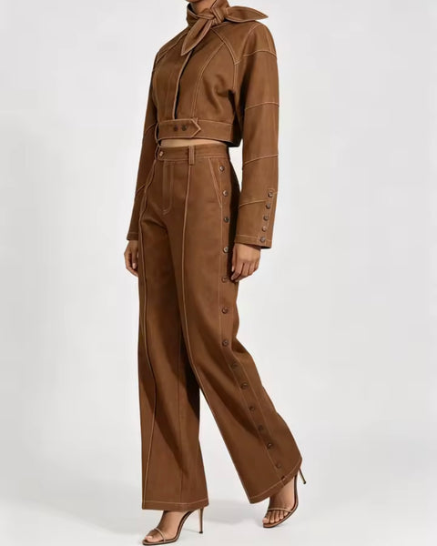 Women Brown Fashion Denim Jacket Button Two Piece Pant Set