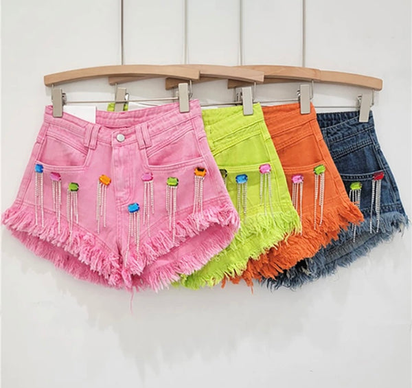 Women Ripped Color Crystal Tassel Fashion Denim Shorts