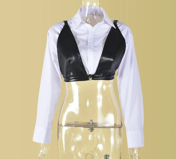 Women B&W Fashion Full Sleeve Faux Leather Two Piece Top Set