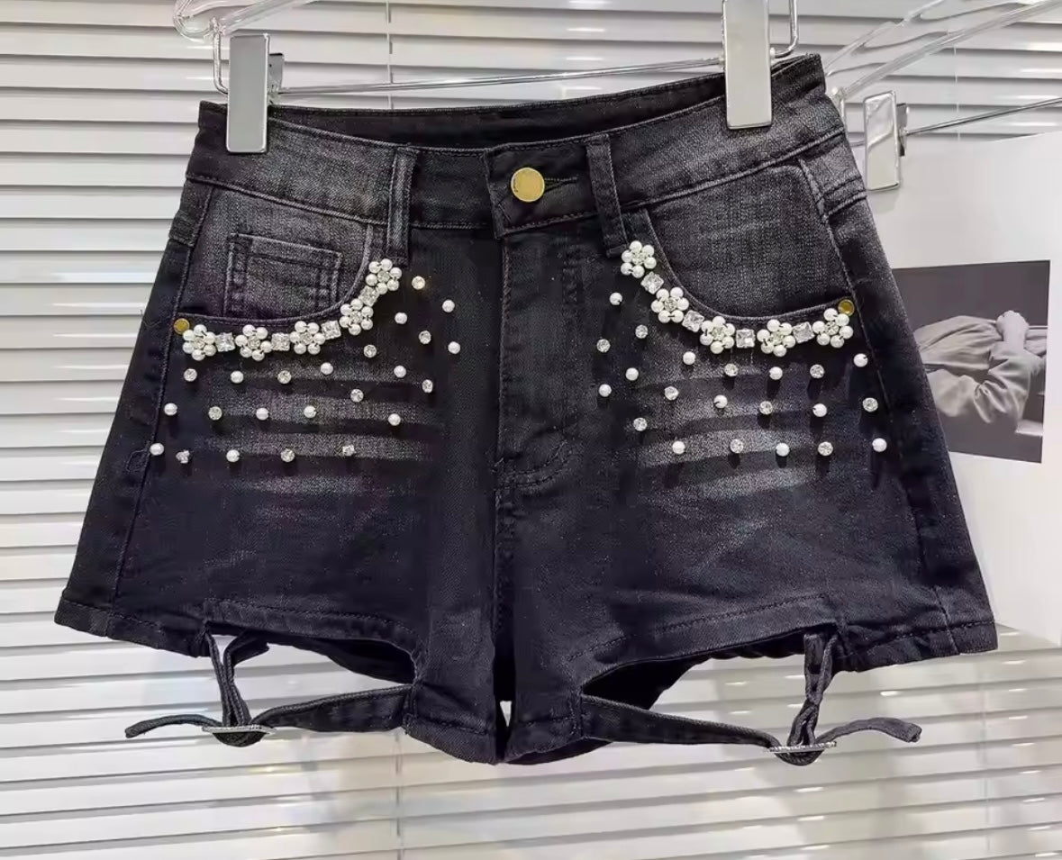 Women Fashion Beaded Bling Buckled Denim Shorts
