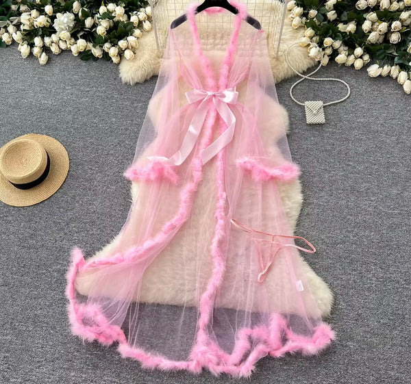 Women Sexy See Through Feather Mesh Lingerie Set