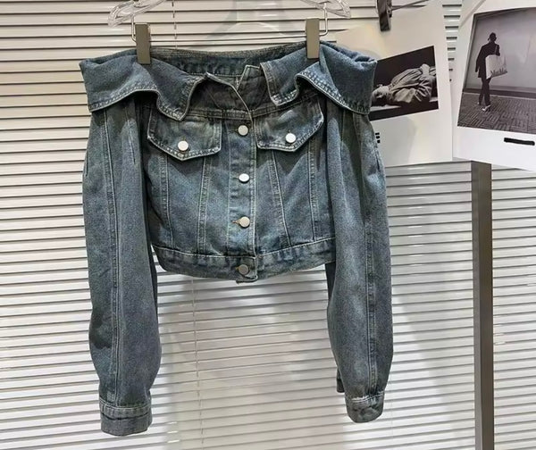 Women Fashion Off The Shoulder Button Up Denim Jacket