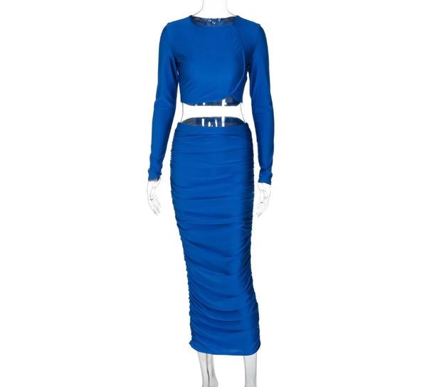 Women Sexy Solid Color Full Sleeve Ruched Two Piece Maxi Skirt Set