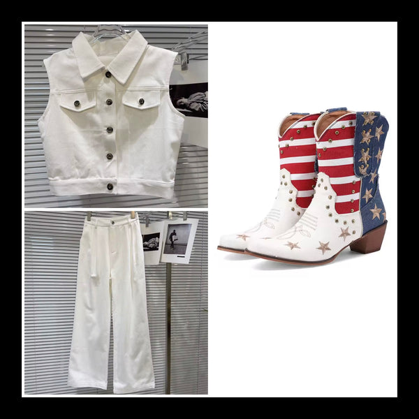 Women Fashion Sleeveless Button Up Vest Two Piece Pant Set