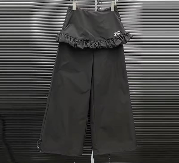 Women Fashion Zip Up Jacket Two Piece Ruffled Wrap Pant Set