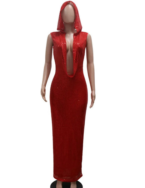 Women Sexy Hooded Sleeveless Sequins Mesh Maxi Dress