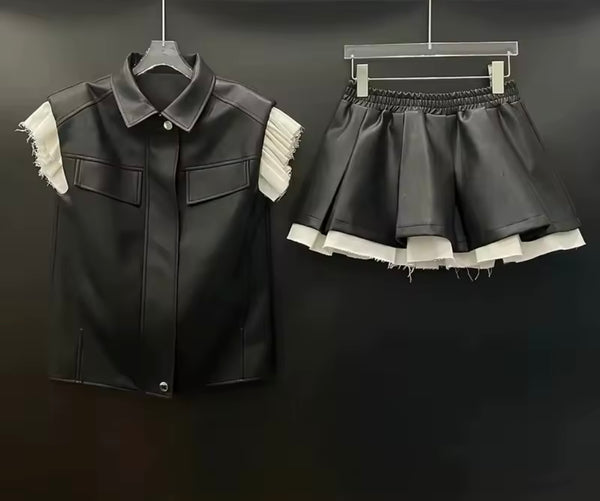 Women Fashion B&W Ruffled Sleeveless Two Piece Skirt Set