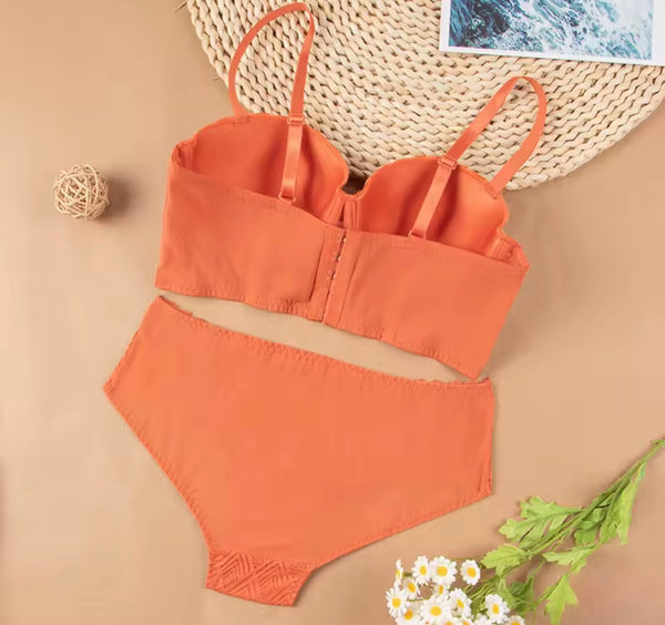 Women Sexy Orange Lace Mesh Lingerie Set