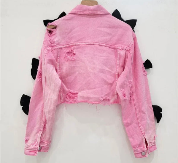 Women Pink Pearl Tassel Bow Ripped Fashion Denim Jacket