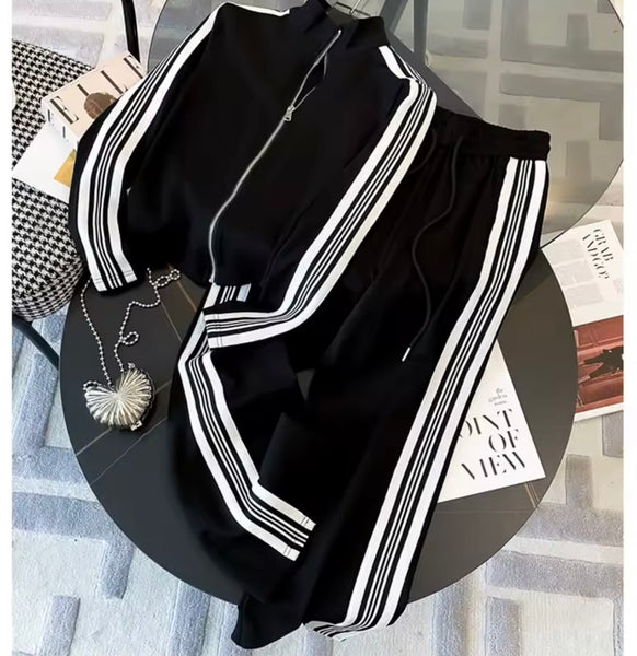 Women Zip Up Striped Fashion Tracksuit Two Piece Pant Set