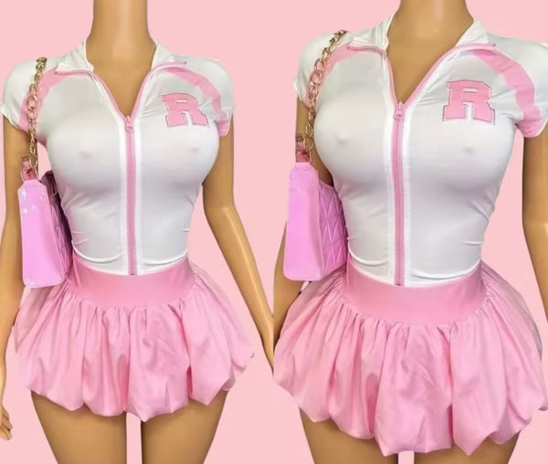 Women Letter Zip Up Short Sleeve  Sexy Two Piece Skirt Set