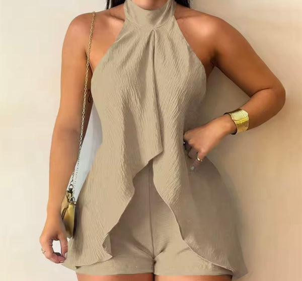 Women Halter Sleeveless Open Back Color Ruffled Romper