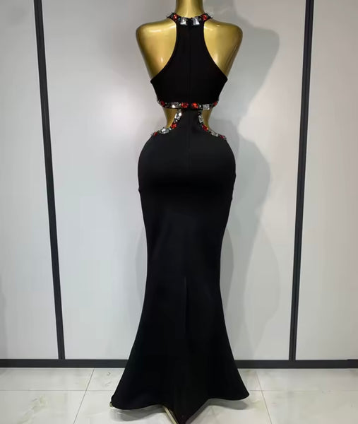 Women Sleeveless Black Color Crystal Sexy Cut Out Maxi Dress